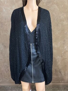Vintage SCALA Silk, Black Beaded & Sequin Open-Front Women Kimono Bat Wing Cape